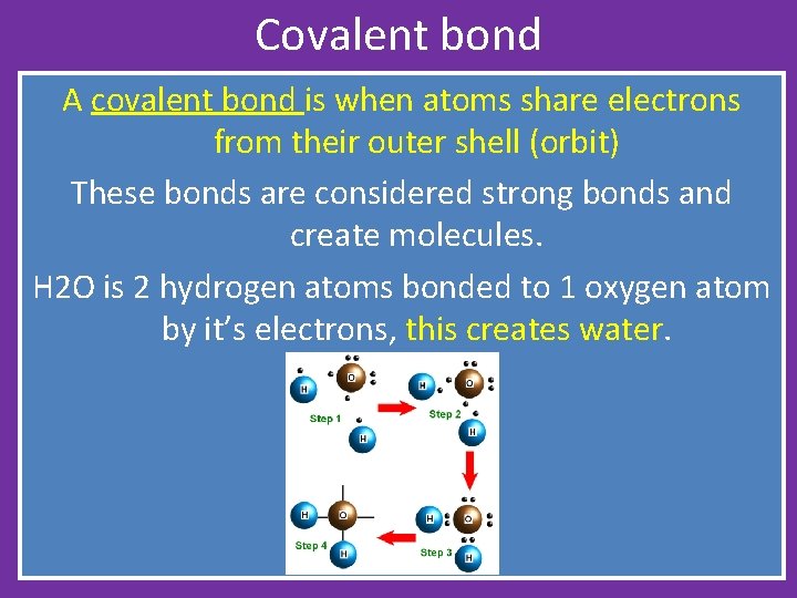 Covalent bond A covalent bond is when atoms share electrons from their outer shell Covalent bond A covalent bond is when atoms share electrons from their outer shell