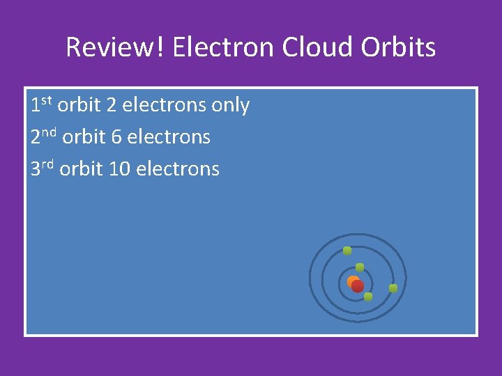 Review! Electron Cloud Orbits 1 st orbit 2 electrons only 2 nd orbit 6 Review! Electron Cloud Orbits 1 st orbit 2 electrons only 2 nd orbit 6