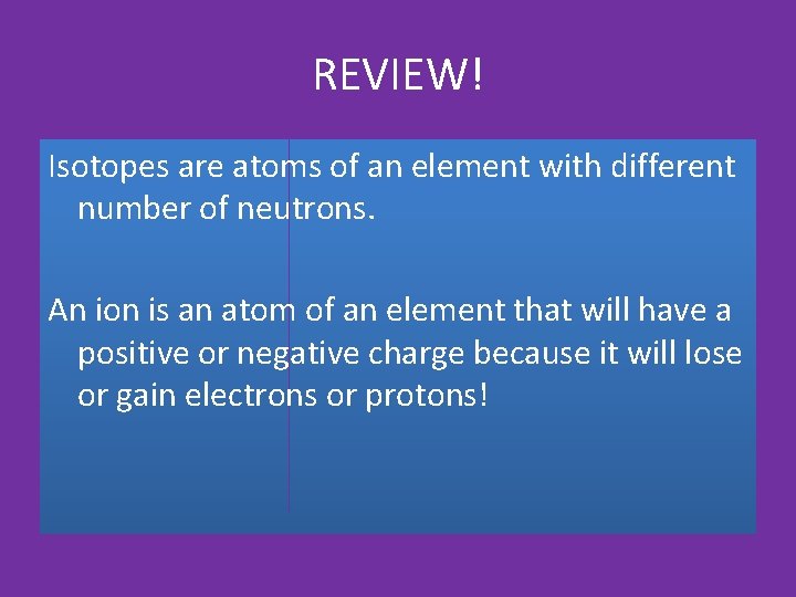 REVIEW! Isotopes are atoms of an element with different number of neutrons. An ion REVIEW! Isotopes are atoms of an element with different number of neutrons. An ion
