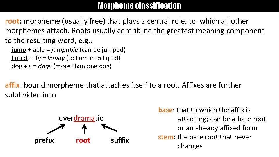 Morpheme classification root: morpheme (usually free) that plays a central role, to which all