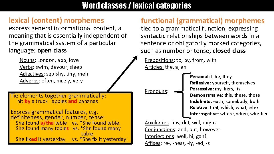 Word classes / lexical categories lexical (content) morphemes express general informational content, a meaning