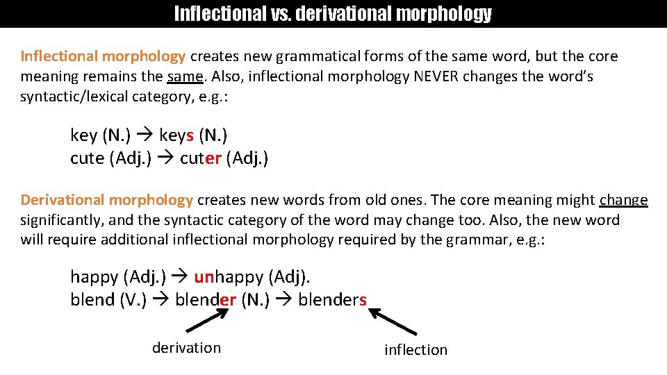 Inflectional vs. derivational morphology Inflectional morphology creates new grammatical forms of the same word,