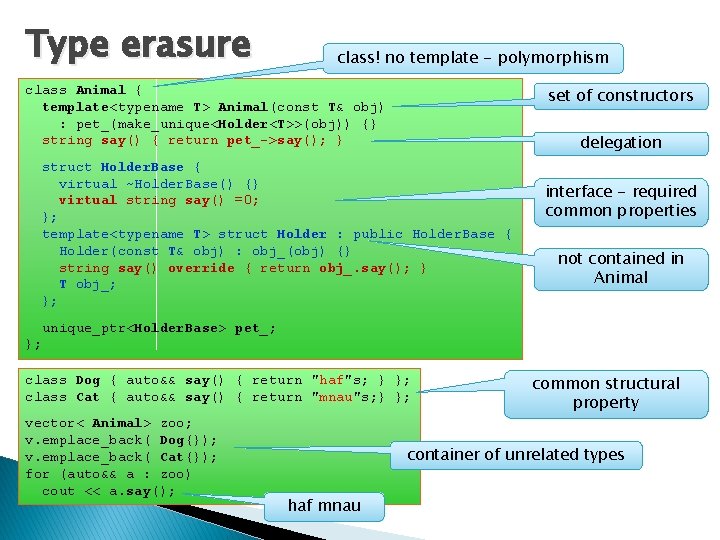 Type erasure class! no template - polymorphism class Animal { template<typename T> Animal(const T&