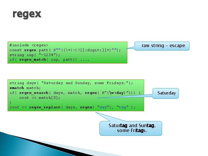 regex #include <regex> const regex patt( R""((+|-)? [[: digit: ]]+)""); string inp{ "-1234"}; if(