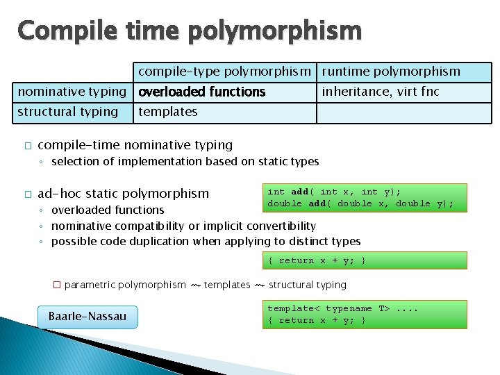 Compile time polymorphism compile-type polymorphism runtime polymorphism nominative typing overloaded functions structural typing �