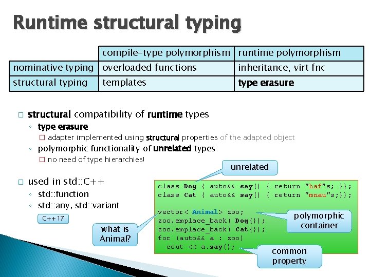 Runtime structural typing compile-type polymorphism runtime polymorphism nominative typing overloaded functions inheritance, virt fnc