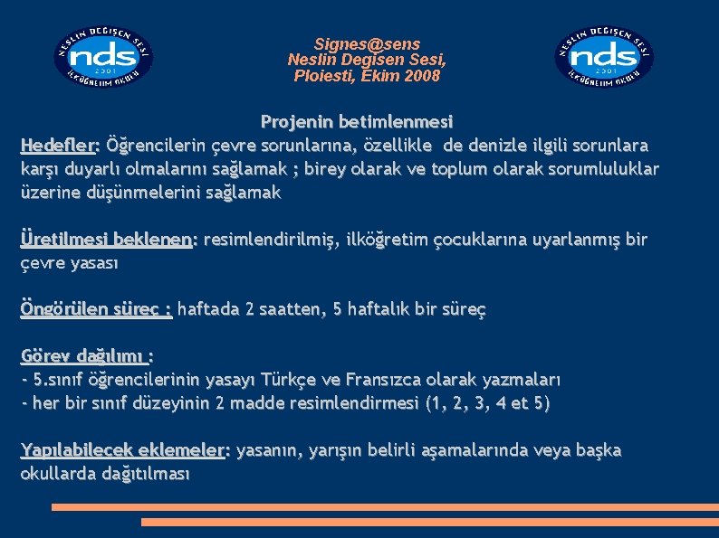 Signes@sens Neslin Degisen Sesi, Ploiesti, Ekim 2008 Projenin betimlenmesi Hedefler: Öğrencilerin çevre sorunlarına, özellikle