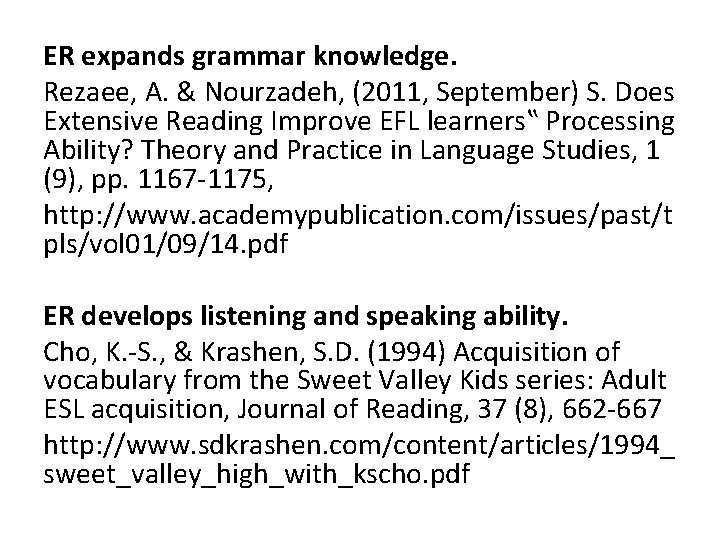 ER expands grammar knowledge. Rezaee, A. & Nourzadeh, (2011, September) S. Does Extensive Reading