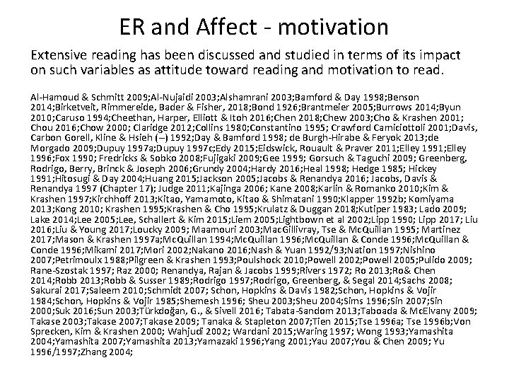 ER and Affect - motivation Extensive reading has been discussed and studied in terms