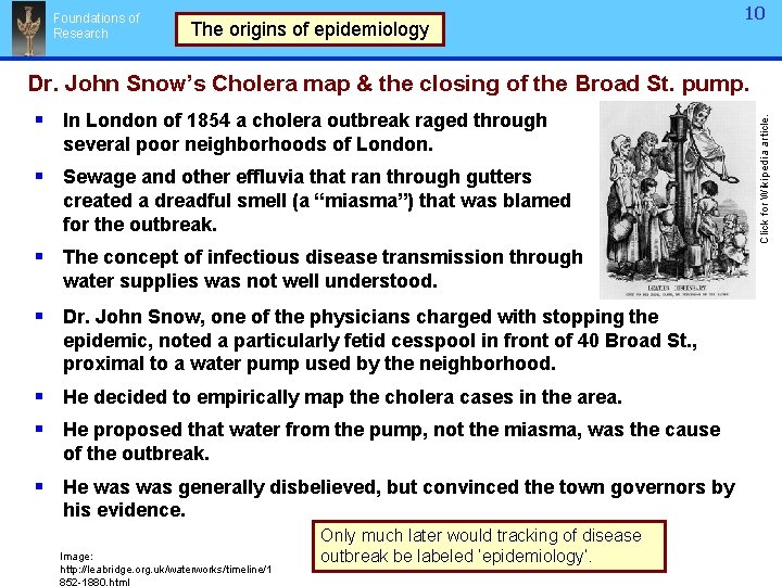 Foundations of Research The origins of epidemiology 10 § In London of 1854 a
