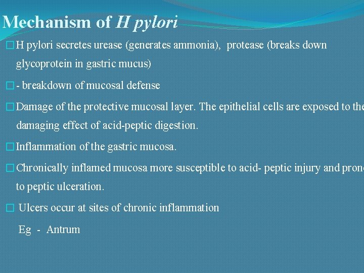 Mechanism of H pylori �H pylori secretes urease (generates ammonia), protease (breaks down glycoprotein