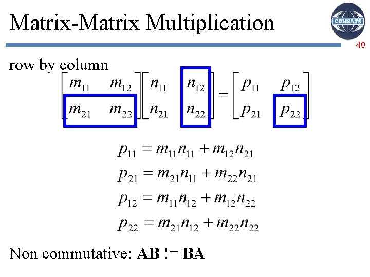 Matrix-Matrix Multiplication 40 row by column Non commutative: AB != BA 