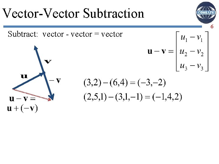 Vector-Vector Subtraction Subtract: vector - vector = vector 6 
