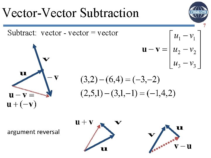 Vector-Vector Subtraction Subtract: vector - vector = vector argument reversal 7 