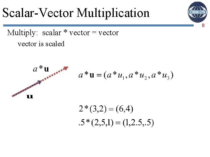Scalar-Vector Multiplication Multiply: scalar * vector = vector is scaled 8 