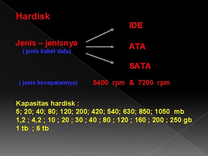 Hardisk Jenis – jenisnya ( jenis kabel data) IDE ATA SATA ( jenis kecepatannya)