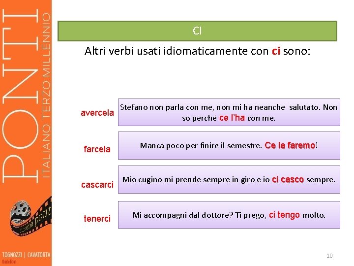 CI Altri verbi usati idiomaticamente con ci sono: avercela Stefano non parla con me,