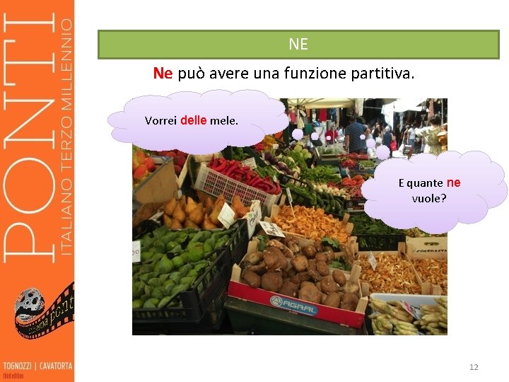 NE Ne può avere una funzione partitiva. Vorrei delle mele. E quante ne vuole?