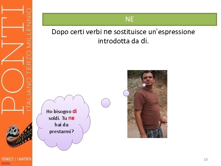 NE Dopo certi verbi ne sostituisce un’espressione introdotta da di. Ho bisogno di soldi.