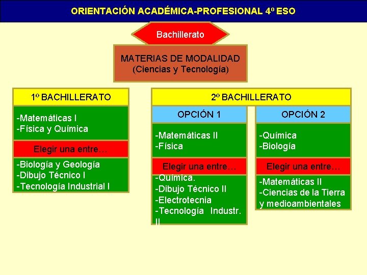 ORIENTACIÓN ACADÉMICA-PROFESIONAL 4º ESO Bachillerato MATERIAS DE MODALIDAD (Ciencias y Tecnología) 1º BACHILLERATO -Matemáticas