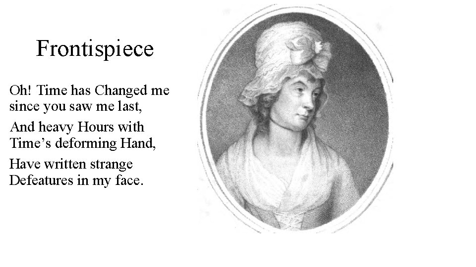 Frontispiece Oh! Time has Changed me since you saw me last, And heavy Hours