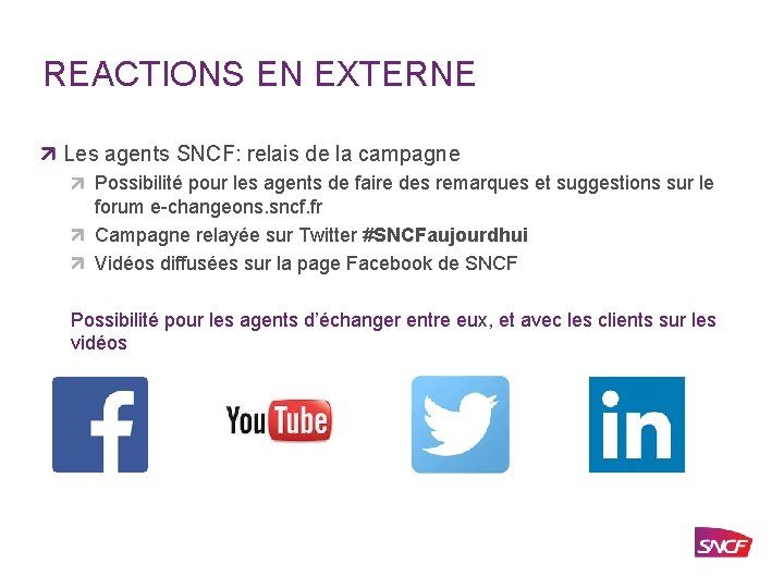 REACTIONS EN EXTERNE Les agents SNCF: relais de la campagne Possibilité pour les agents