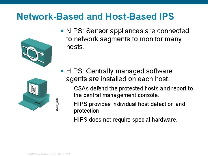 Network-Based and Host-Based IPS § NIPS: Sensor appliances are connected to network segments to