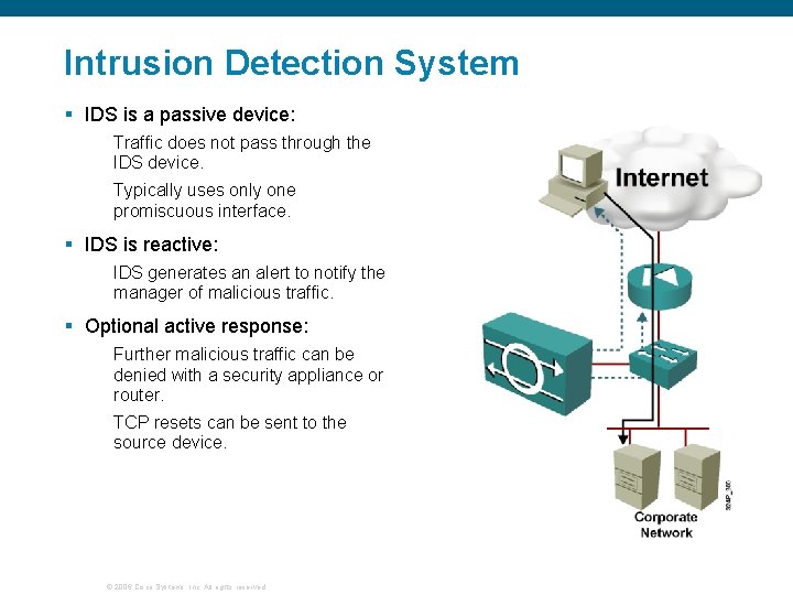 Intrusion Detection System § IDS is a passive device: Traffic does not pass through
