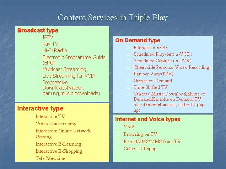 Content Services in Triple Play Broadcast type q q q q IPTV Pay TV