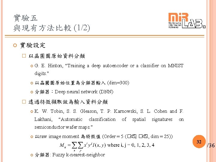 實驗五 與現有方法比較 (1/2) 實驗設定 � 以晶圓圖原始資料分類 G. E. Hinton, “Training a deep autoencoder or 實驗五 與現有方法比較 (1/2) 實驗設定 � 以晶圓圖原始資料分類 G. E. Hinton, “Training a deep autoencoder or