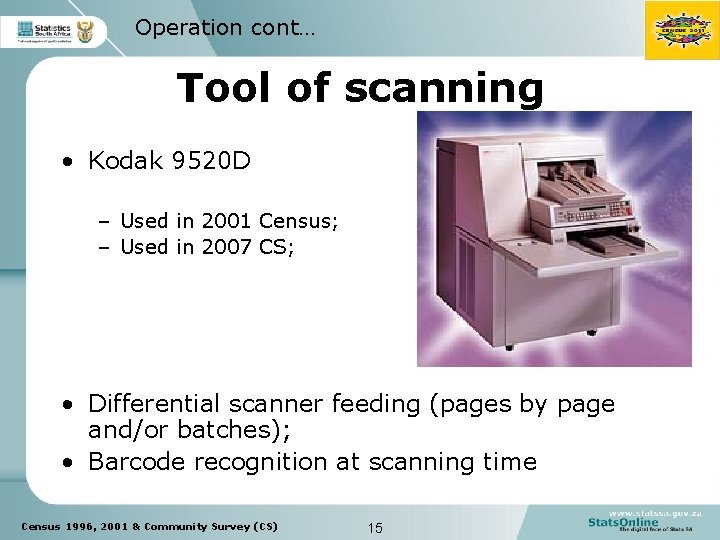 Operation cont… Tool of scanning • Kodak 9520 D – Used in 2001 Census;