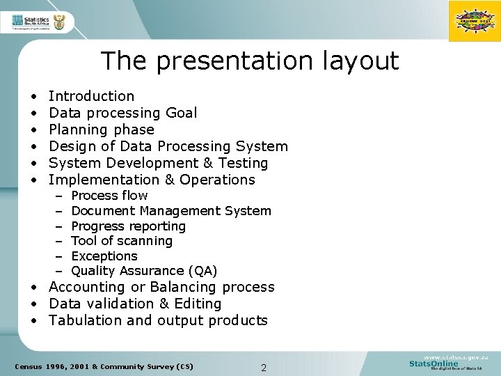 The presentation layout • • • Introduction Data processing Goal Planning phase Design of