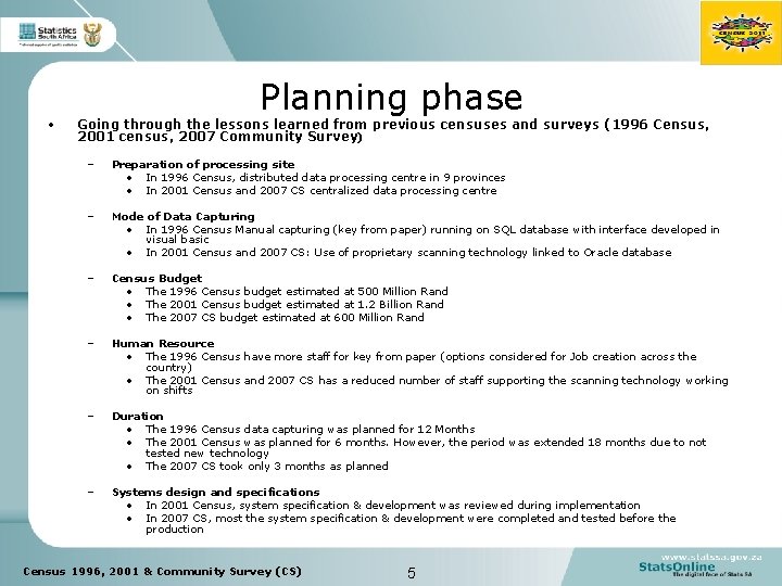  • Planning phase Going through the lessons learned from previous censuses and surveys