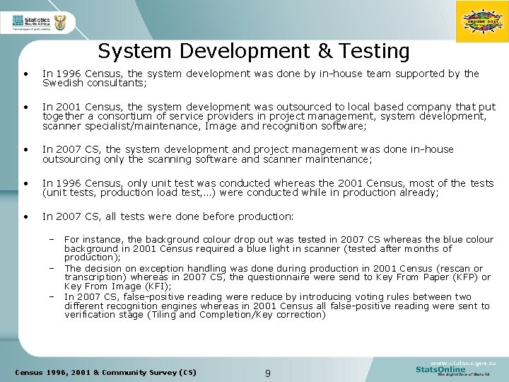 System Development & Testing • In 1996 Census, the system development was done by