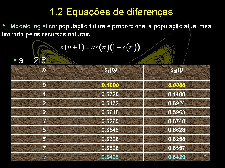 1. 2 Equações de diferenças • Modelo logístico: população futura é proporcional à população