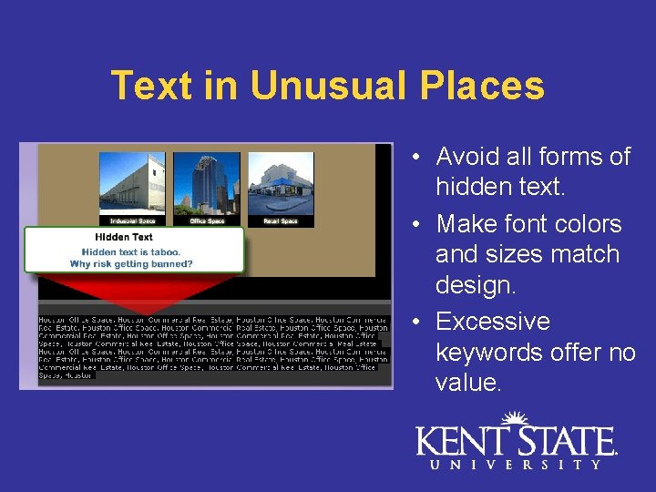 Text in Unusual Places • Avoid all forms of hidden text. • Make font