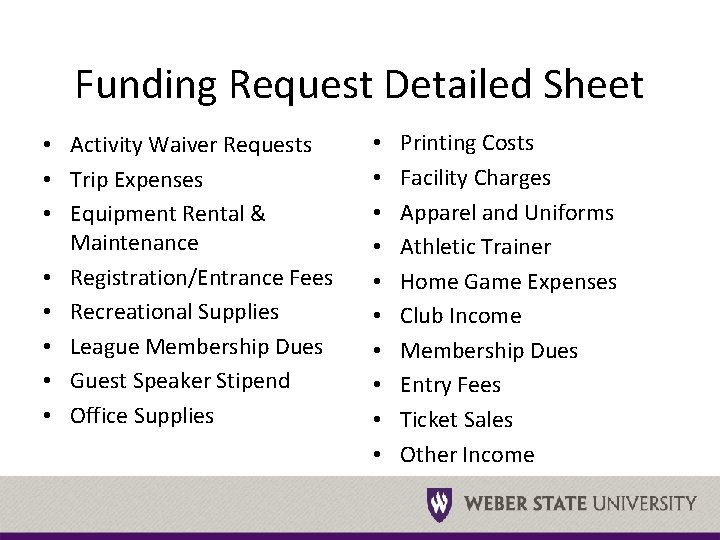 Funding Request Detailed Sheet • Activity Waiver Requests • Trip Expenses • Equipment Rental