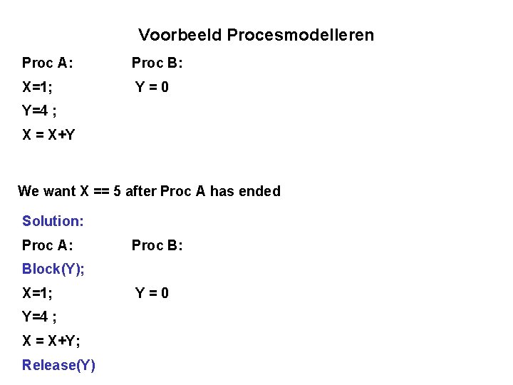 Voorbeeld Procesmodelleren Proc A: Proc B: X=1; Y = 0 Y=4 ; X =