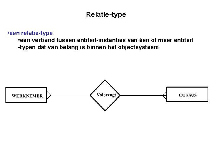 Relatie-type • een relatie-type • een verband tussen entiteit-instanties van één of meer entiteit