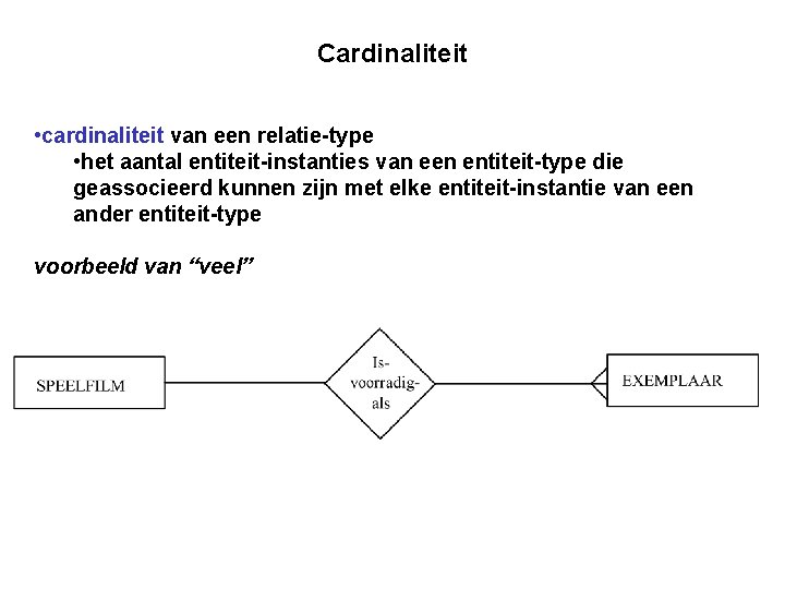 Cardinaliteit • cardinaliteit van een relatie-type • het aantal entiteit-instanties van een entiteit-type die