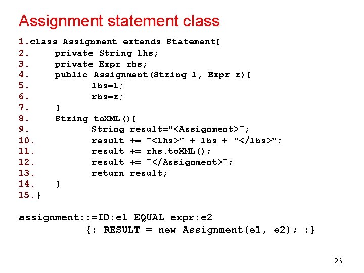 Assignment statement class 1. class Assignment extends Statement{ 2. private String lhs; 3. private