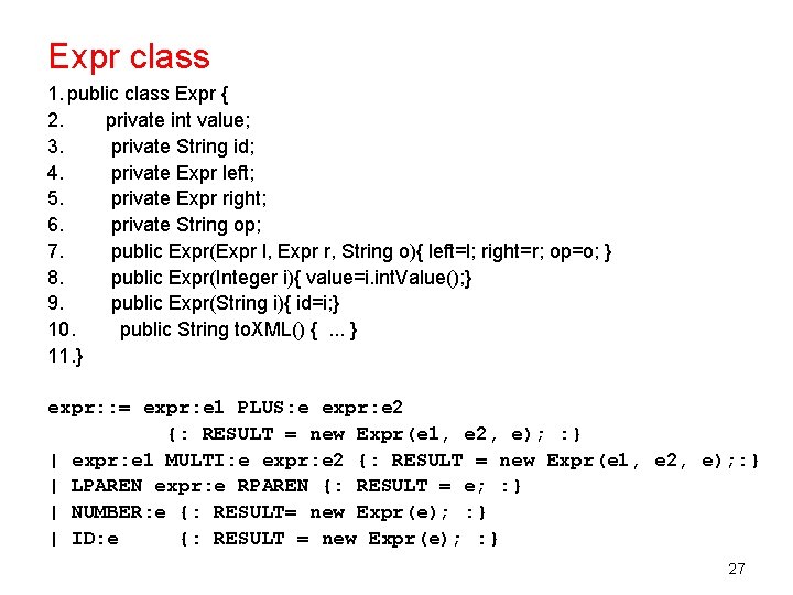 Expr class 1. public class Expr { 2. private int value; 3. private String