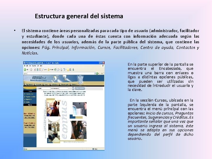 Estructura general del sistema • El sistema contiene áreas personalizadas para cada tipo de