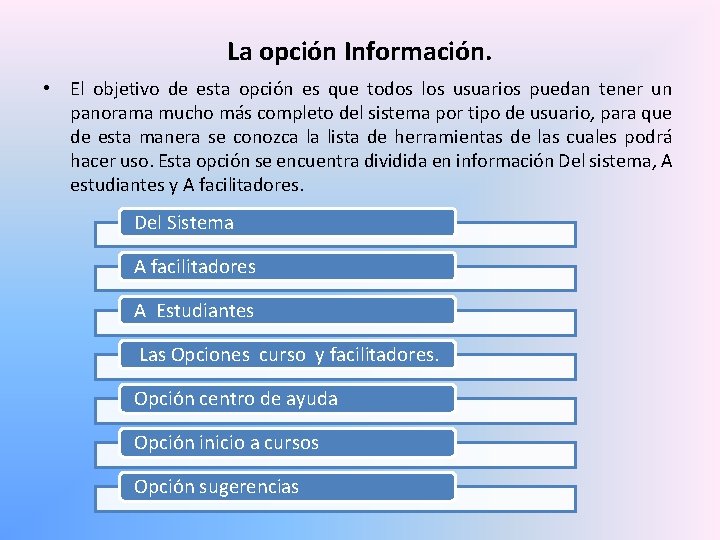 La opción Información. • El objetivo de esta opción es que todos los usuarios