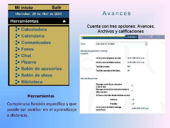 Cuenta con tres opciones: Avances, Archivos y calificaciones Herramientas Cumple una función específica y