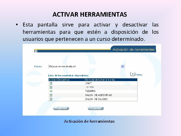 ACTIVAR HERRAMIENTAS • Esta pantalla sirve para activar y desactivar las herramientas para que