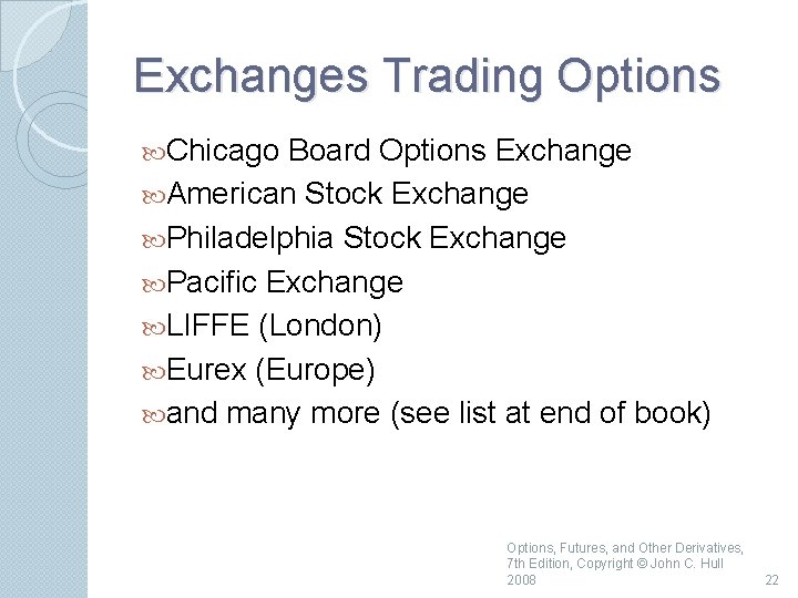 Exchanges Trading Options Chicago Board Options Exchange American Stock Exchange Philadelphia Stock Exchange Pacific