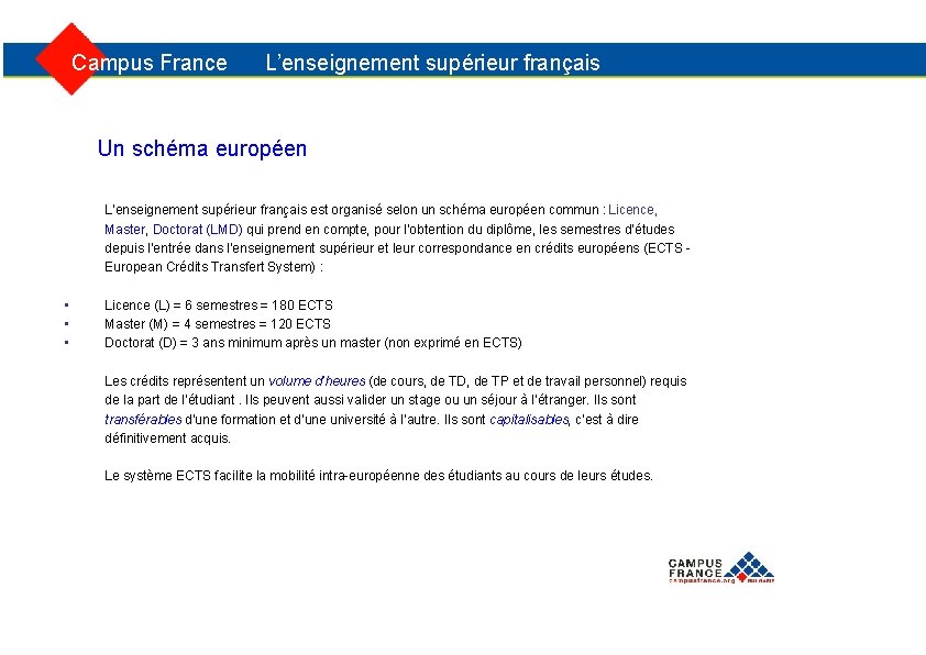  Campus France L’enseignement supérieur français Un schéma européen L’enseignement supérieur français est organisé