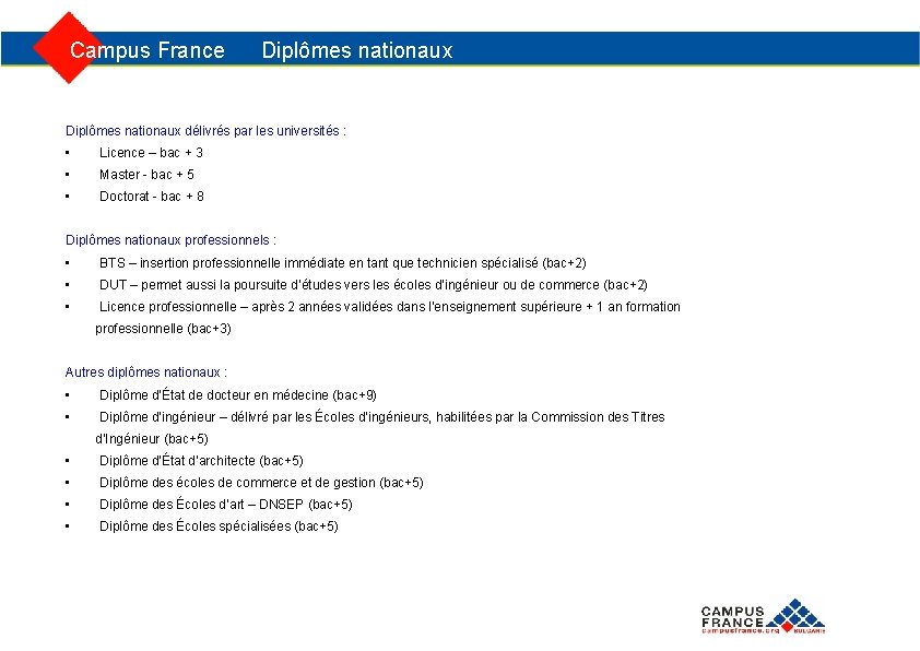  Campus France Diplômes nationaux délivrés par les universités : • Licence – bac
