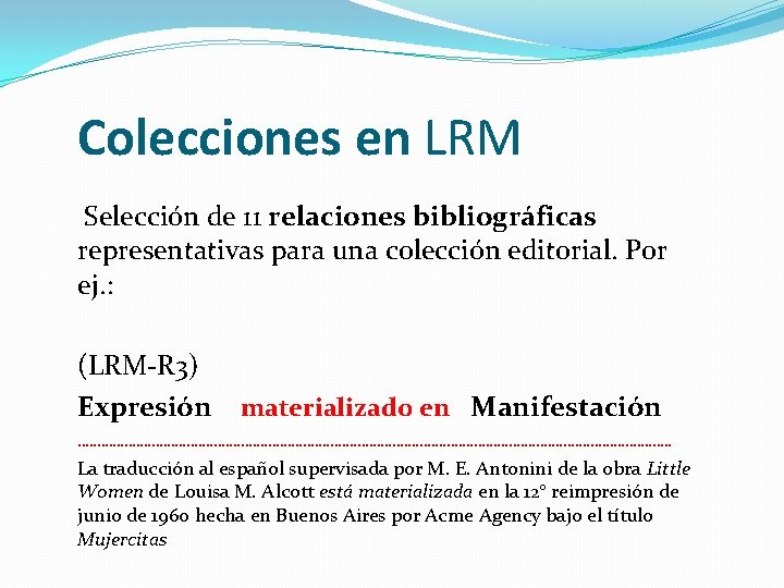 Colecciones en LRM Selección de 11 relaciones bibliográficas representativas para una colección editorial. Por